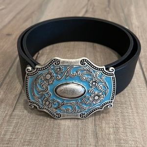 Fossil Genuine Leather Black Belt with Turquoise and Silver Buckle  Size Small
